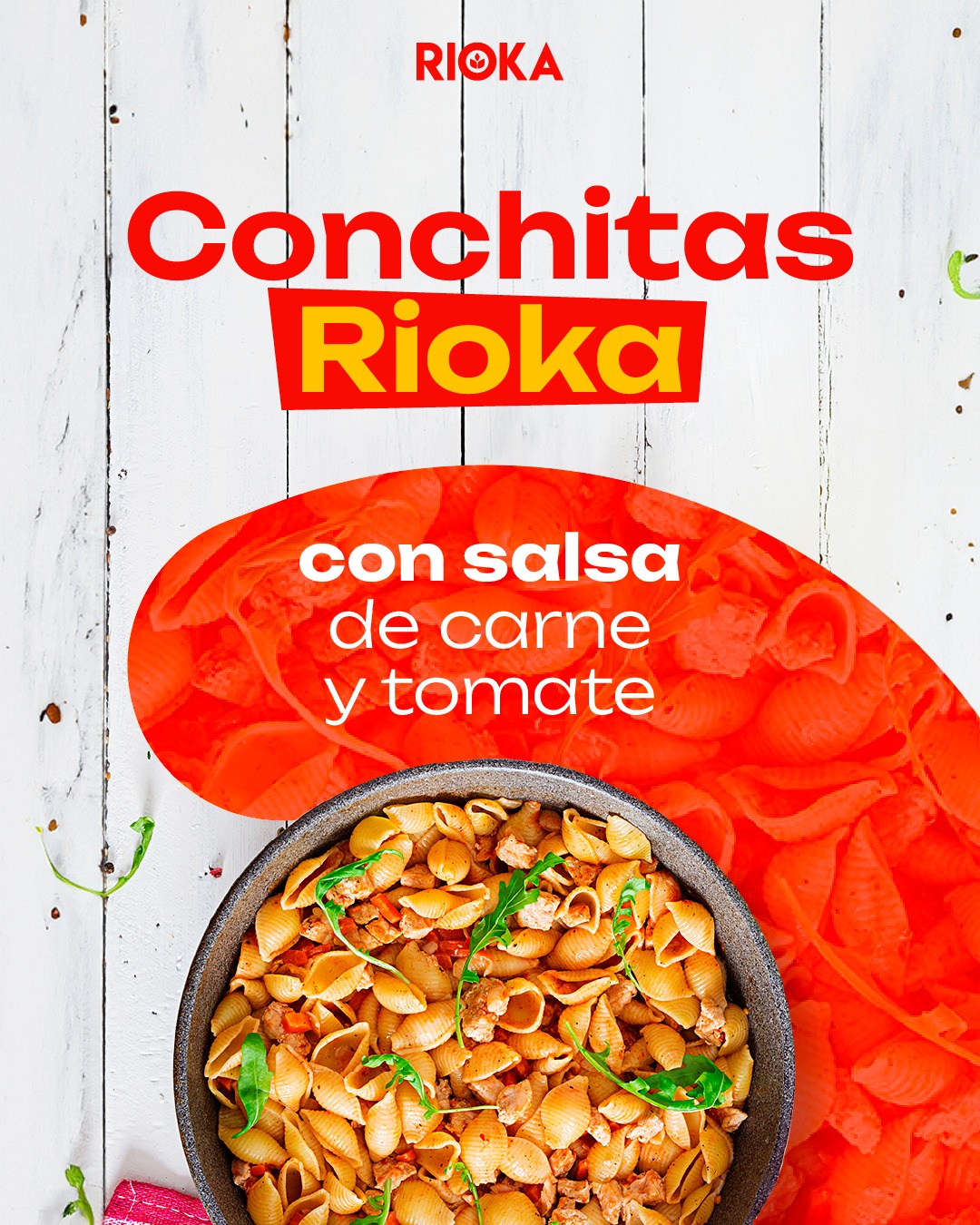 Conchitas Rioka con salsa de carne y tomate