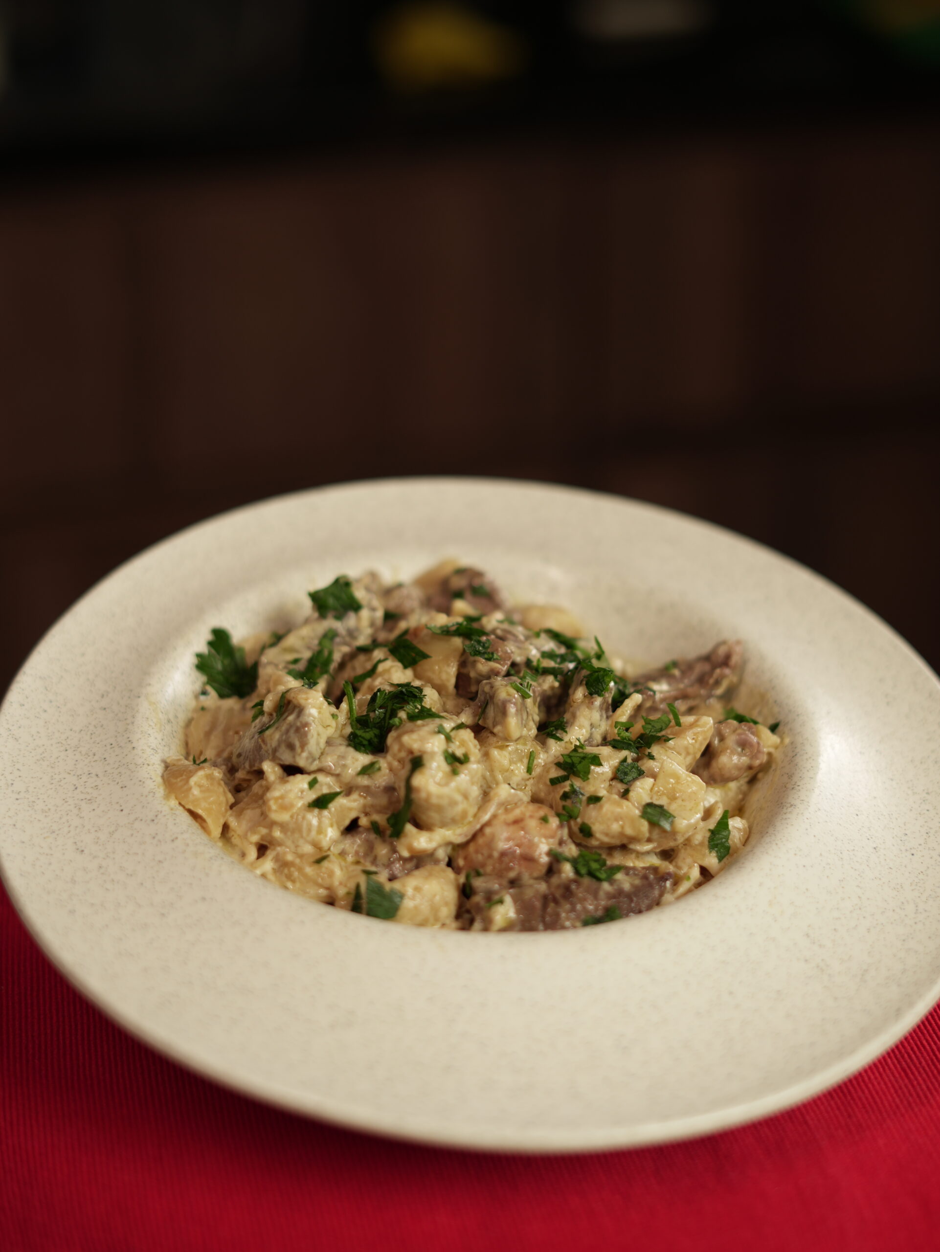 Conchitas con carne y champiñones